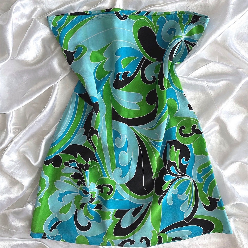 Vintage Y2K Psychedelic Paisley Floral Tube Top Mini Dress Blue Green Black